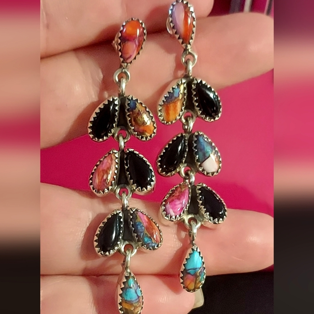 Kingman Pink/Spiny Turquiose & Oynx Sterling Silver Long Dangle Earrings